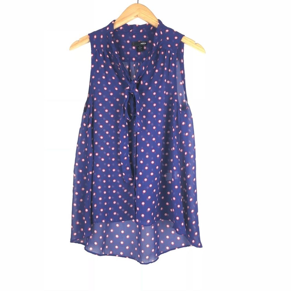 AQUA Blue Red Polka Dot Tie Neck Sheer Blouse XS
